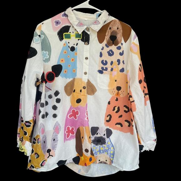 Dog Print Shirt Womens Small Colorful Button Down Oversized Long Sleeve Cute Art - Picture 1 of 7